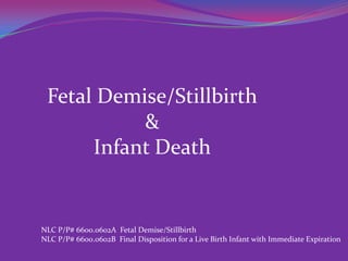 Fetal Demise/Stillbirth
           &
      Infant Death


NLC P/P# 6600.0602A Fetal Demise/Stillbirth
NLC P/P# 6600.0602B Final Disposition for a Live Birth Infant with Immediate Expiration
 