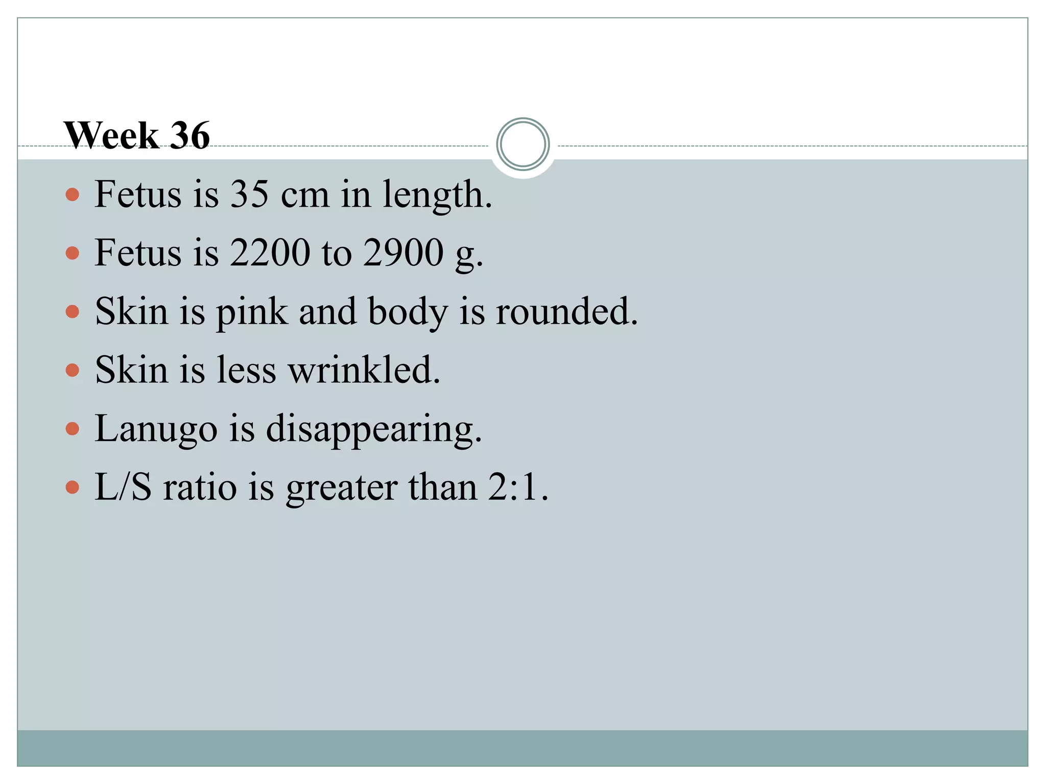 Week 36
 Fetus is 35 cm in length.
 Fetus is 2200 to 2900 g.
 Skin is pink and body is rounded.
 Skin is less wrinkled.
 Lanugo is disappearing.
 L/S ratio is greater than 2:1.
 