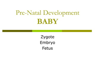 Pre-Natal Development
BABY
Zygote
Embryo
Fetus
 