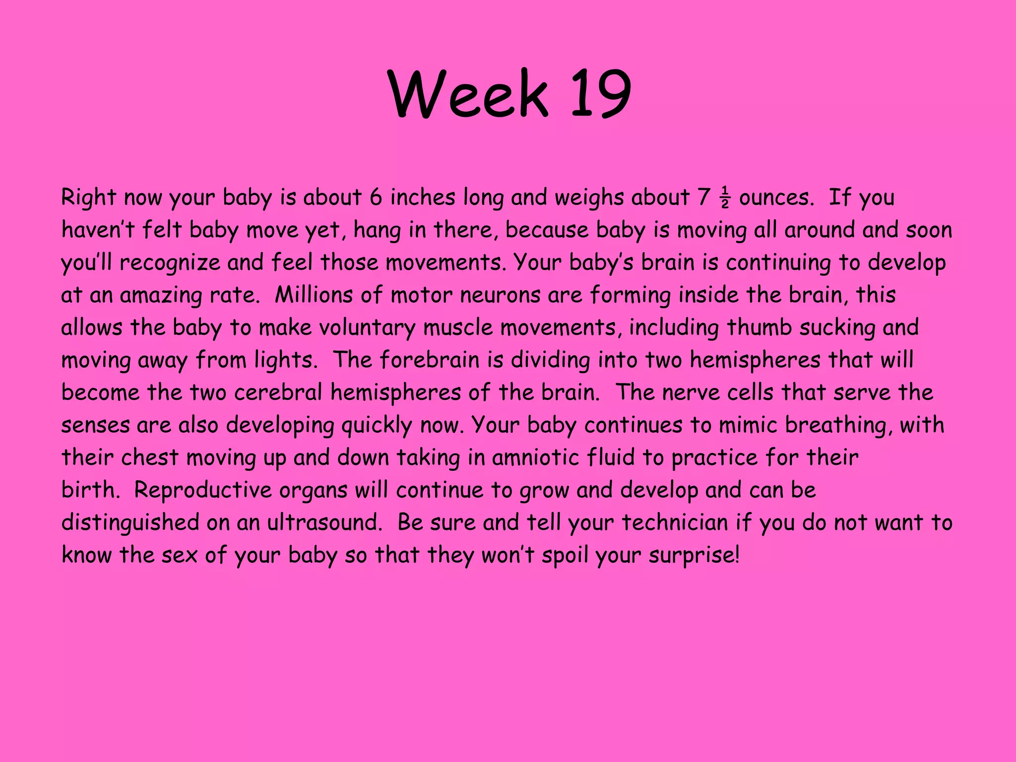 Week 13As you near the end of the first trimester, your baby is almost 3 inches long and weighs about ½ an ounce.  At this point you are probably ready for looser fitting clothing, soon you won’t fit into your regular clothes at all. The baby’s face is looking more and more human.  The eyes have moved closer together and the ears are near their normal position on the side of the head.  The head now rests on it’s neck as opposed to the shoulders and is still roughly half the entire length of the body. Right now, your baby’s heart is pumping about 25 quarts of blood each day.  At birth about 300 quarts of blood per day are pumped.  The liver is making bile and is supervising the activity of the fully working spleen.  The spleen removes old red blood cells and produces antibodies.  Your baby is able to absorb sugar, or glucose, at this point. Your health practitioner can feel the top of your uterus, or fundus, when they push on your abdomen.  You haven’t reached the advanced stages of pregnancy yet, so you are probably still pretty comfortable and many of the early pregnancy symptoms (such as morning sickness) should begin to diminish at this point.  At this point in your pregnancy the risk of miscarriage greatly decreases.