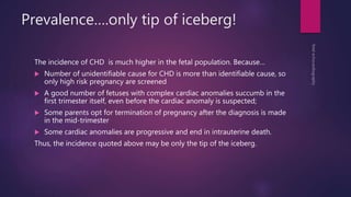 Prevalence….only tip of iceberg!
The incidence of CHD is much higher in the fetal population. Because…
 Number of unidentifiable cause for CHD is more than identifiable cause, so
only high risk pregnancy are screened
 A good number of fetuses with complex cardiac anomalies succumb in the
first trimester itself, even before the cardiac anomaly is suspected;
 Some parents opt for termination of pregnancy after the diagnosis is made
in the mid-trimester
 Some cardiac anomalies are progressive and end in intrauterine death.
Thus, the incidence quoted above may be only the tip of the iceberg.
 
