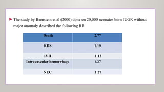 ►The study by Bernstein et al (2000) done on 20,000 neonates born IUGR without
major anomaly described the following RR
 