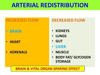 ARTERIAL REDISTRIBUTION
INCREASED FLOW
• BRAIN
• HEART
• ADRENALS
DECREASED FLOW
• KIDNEYS
• LUNGS
• GUT
• LIVER
• MUSCLE
• BODY FAT/ GLYCOGEN
STORAGE
BRAIN & VITAL ORGAN SPARING EFFECT
 