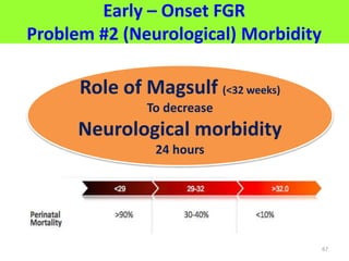 Early – Onset FGR
Problem #2 (Neurological) Morbidity
67
Role of Magsulf (<32 weeks)
To decrease
Neurological morbidity
24 hours
 
