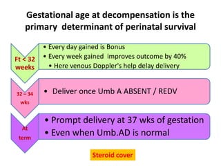 Gestational age at decompensation is the
primary determinant of perinatal survival
Ft < 32
weeks
• Every day gained is Bonus
• Every week gained improves outcome by 40%
• Here venous Doppler's help delay delivery
32 – 34
wks
• Deliver once Umb A ABSENT / REDV
At
term
• Prompt delivery at 37 wks of gestation
• Even when Umb.AD is normal
Steroid cover
 