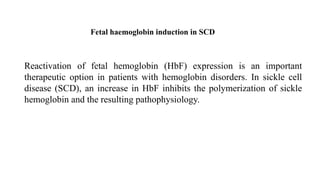 Fetal haemoglobin induction in SCD
Reactivation of fetal hemoglobin (HbF) expression is an important
therapeutic option in patients with hemoglobin disorders. In sickle cell
disease (SCD), an increase in HbF inhibits the polymerization of sickle
hemoglobin and the resulting pathophysiology.
 