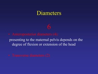 Diameters
6
• Anteroposterior diameters (4):
presenting to the maternal pelvis depends on the
degree of flexion or extension of the head
• Transverse diameters (2)
 