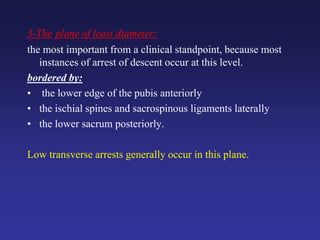 3-The plane of least diameter:
the most important from a clinical standpoint, because most
instances of arrest of descent occur at this level.
bordered by:
• the lower edge of the pubis anteriorly
• the ischial spines and sacrospinous ligaments laterally
• the lower sacrum posteriorly.
Low transverse arrests generally occur in this plane.
 