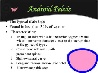 Android Pelvis
• The typical male type
• Found in less than 30% of women
• Characteristics:
1. Triangular inlet with a flat posterior segment & the
widest transverse diameter closer to the sacrum than
in the gynecoid type .
2. Convergent side walls with
prominent spines
3. Shallow sacral curve
4. Long and narrow sacrosciatic notch
5. Narrow subpubic arch
 