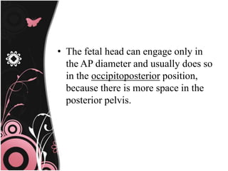 • The fetal head can engage only in
the AP diameter and usually does so
in the occipitoposterior position,
because there is more space in the
posterior pelvis.
 