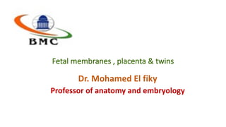 Fetal	membranes	,	placenta	&	twins	
Dr.	Mohamed	El	fiky
Professor	of	anatomy	and	embryology	
 
