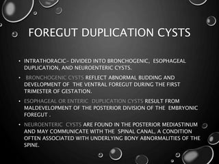 FOREGUT DUPLICATION CYSTS
• INTRATHORACIC- DIVIDED INTO BRONCHOGENIC, ESOPHAGEAL
DUPLICATION, AND NEUROENTERIC CYSTS.
• BRONCHOGENIC CYSTS REFLECT ABNORMAL BUDDING AND
DEVELOPMENT OF THE VENTRAL FOREGUT DURING THE FIRST
TRIMESTER OF GESTATION.
• ESOPHAGEAL OR ENTERIC DUPLICATION CYSTS RESULT FROM
MALDEVELOPMENT OF THE POSTERIOR DIVISION OF THE EMBRYONIC
FOREGUT .
• NEUROENTERIC CYSTS ARE FOUND IN THE POSTERIOR MEDIASTINUM
AND MAY COMMUNICATE WITH THE SPINAL CANAL, A CONDITION
OFTEN ASSOCIATED WITH UNDERLYING BONY ABNORMALITIES OF THE
SPINE.
 