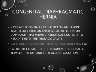 CONGENITAL DIAPHRAGMATIC
HERNIA
• (CDH) ARE POTENTIALLY LIFE-THREATENING LESIONS
THAT RESULT FROM AN ANATOMICAL DEFECT IN THE
DIAPHRAGM THAT PERMITS ABDOMINAL CONTENTS TO
HERNIATE INTO THE THORACIC CAVITY.
• LEFT-SIDED HERNIAS ARE THE MOST COMMON TYPE, 85%
• FAILURE OF CLOSURE OF THE FORAMEN OF BOCHDALEK
BETWEEN THE 8TH AND 10TH WEEK OF GESTATION.
 