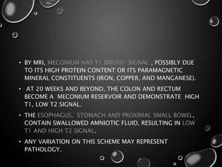 • BY MRI, MECONIUM HAS T1 BRIGHT SIGNAL , POSSIBLY DUE
TO ITS HIGH PROTEIN CONTENT OR ITS PARAMAGNETIC
MINERAL CONSTITUENTS (IRON, COPPER, AND MANGANESE).
• AT 20 WEEKS AND BEYOND, THE COLON AND RECTUM
BECOME A MECONIUM RESERVOIR AND DEMONSTRATE HIGH
T1, LOW T2 SIGNAL.
• THE ESOPHAGUS, STOMACH AND PROXIMAL SMALL BOWEL,
CONTAIN SWALLOWED AMNIOTIC FLUID, RESULTING IN LOW
T1 AND HIGH T2 SIGNAL.
• ANY VARIATION ON THIS SCHEME MAY REPRESENT
PATHOLOGY.
 