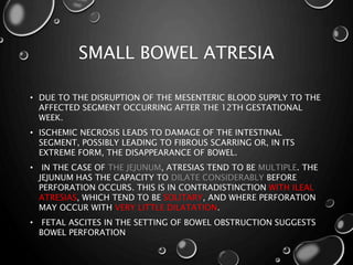 SMALL BOWEL ATRESIA
• DUE TO THE DISRUPTION OF THE MESENTERIC BLOOD SUPPLY TO THE
AFFECTED SEGMENT OCCURRING AFTER THE 12TH GESTATIONAL
WEEK.
• ISCHEMIC NECROSIS LEADS TO DAMAGE OF THE INTESTINAL
SEGMENT, POSSIBLY LEADING TO FIBROUS SCARRING OR, IN ITS
EXTREME FORM, THE DISAPPEARANCE OF BOWEL.
• IN THE CASE OF THE JEJUNUM, ATRESIAS TEND TO BE MULTIPLE. THE
JEJUNUM HAS THE CAPACITY TO DILATE CONSIDERABLY BEFORE
PERFORATION OCCURS. THIS IS IN CONTRADISTINCTION WITH ILEAL
ATRESIAS, WHICH TEND TO BE SOLITARY, AND WHERE PERFORATION
MAY OCCUR WITH VERY LITTLE DILATATION.
• FETAL ASCITES IN THE SETTING OF BOWEL OBSTRUCTION SUGGESTS
BOWEL PERFORATION
 