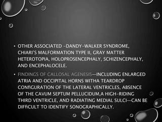 • OTHER ASSOCIATED -DANDY-WALKER SYNDROME,
CHIARI’S MALFORMATION TYPE II, GRAY MATTER
HETEROTOPIA, HOLOPROSENCEPHALY, SCHIZENCEPHALY,
AND ENCEPHALOCELE.
• FINDINGS OF CALLOSAL AGENESIS—INCLUDING ENLARGED
ATRIA AND OCCIPITAL HORNS WITHA TEARDROP
CONﬁGURATION OF THE LATERAL VENTRICLES, ABSENCE
OF THE CAVUM SEPTUM PELLUCIDUM,A HIGH-RIDING
THIRD VENTRICLE, AND RADIATING MEDIAL SULCI—CAN BE
DIFﬁCULT TO IDENTIFY SONOGRAPHICALLY.
 