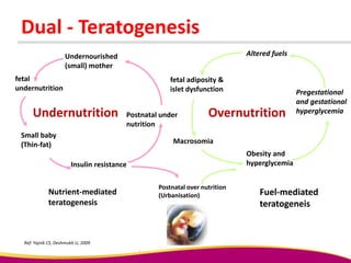 fetal
undernutrition
Undernourished
(small) mother
Postnatal under
nutrition
Insulin resistance
Small baby
(Thin-fat)
Altered fuels
Pregestational
and gestational
hyperglycemia
Obesity and
hyperglycemia
Macrosomia
fetal adiposity &
islet dysfunction
Postnatal over nutrition
(Urbanisation)
Dual - Teratogenesis
Undernutrition Overnutrition
Nutrient-mediated
teratogenesis
Fuel-mediated
teratogeneis
Ref: Yajnik CS, Deshmukh U, 2009
 