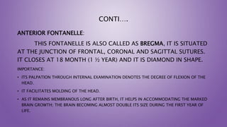 CONTI….
ANTERIOR FONTANELLE:
THIS FONTANELLE IS ALSO CALLED AS BREGMA, IT IS SITUATED
AT THE JUNCTION OF FRONTAL, CORONAL AND SAGITTAL SUTURES.
IT CLOSES AT 18 MONTH (1 ½ YEAR) AND IT IS DIAMOND IN SHAPE.
IMPORTANCE:
• ITS PALPATION THROUGH INTERNAL EXAMINATION DENOTES THE DEGREE OF FLEXION OF THE
HEAD.
• IT FACILITATES MOLDING OF THE HEAD.
• AS IT REMAINS MEMBRANOUS LONG AFTER BIRTH, IT HELPS IN ACCOMMODATING THE MARKED
BRAIN GROWTH; THE BRAIN BECOMING ALMOST DOUBLE ITS SIZE DURING THE FIRST YEAR OF
LIFE.
 