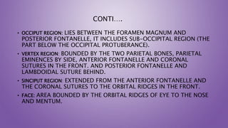 CONTI….
• OCCIPUT REGION: LIES BETWEEN THE FORAMEN MAGNUM AND
POSTERIOR FONTANELLE, IT INCLUDES SUB-OCCIPITAL REGION (THE
PART BELOW THE OCCIPITAL PROTUBERANCE).
• VERTEX REGION: BOUNDED BY THE TWO PARIETAL BONES, PARIETAL
EMINENCES BY SIDE, ANTERIOR FONTANELLE AND CORONAL
SUTURES IN THE FRONT. AND POSTERIOR FONTANELLE AND
LAMBDOIDAL SUTURE BEHIND.
• SINCIPUT REGION: EXTENDED FROM THE ANTERIOR FONTANELLE AND
THE CORONAL SUTURES TO THE ORBITAL RIDGES IN THE FRONT.
• FACE: AREA BOUNDED BY THE ORBITAL RIDGES OF EYE TO THE NOSE
AND MENTUM.
 