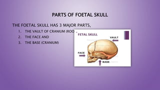 PARTS OF FOETAL SKULL
THE FOETAL SKULL HAS 3 MAJOR PARTS,
1. THE VAULT OF CRANIUM (ROOF)
2. THE FACE AND
3. THE BASE (CRANIUM)
 