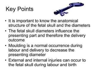 Key Points
• It is important to know the anatomical
structure of the fetal skull and the diameters
• The fetal skull diameters influence the
presenting part and therefore the delivery
outcome
• Moulding is a normal occurrence during
labour and delivery to decrease the
presenting diameter
• External and internal injuries can occur to
the fetal skull during labour and birth
 