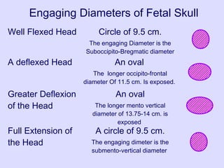 Engaging Diameters of Fetal Skull
Well Flexed Head Circle of 9.5 cm.
The engaging Diameter is the
Suboccipito-Bregmatic diameter
A deflexed Head An oval
The longer occipito-frontal
diameter Of 11.5 cm. Is exposed.
Greater Deflexion
of the Head
An oval
The longer mento vertical
diameter of 13.75-14 cm. is
exposed
Full Extension of
the Head
A circle of 9.5 cm.
The engaging dimeter is the
submento-vertical diameter
 