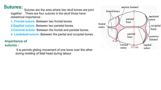 Sutures:
It is permits gliding movement of one bone over the other
during molding of fetal head during labour
Importance of
sutures :
Sutures are the area whare two skull bones are joint
together . There are four sutures in the skull those have
obstetrical importance :
1. Frontal suture: Between two frontal bones.
2.Sagittal suture: Between two parietal bones.
3.Coronal suture: Between the frontal and parietal bones.
4. Lambdoid suture: Between the parital and occipital bones .
 