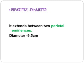 1.BIPARIETAL DIAMETER
It extends between two parietal
eminences.
Diameter -9.5cm
 