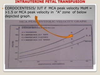 INTRAUTERINE FETAL TRANSFUSION
 CORDOCENTESIS/ IUT if MCA peak velocity MoM =
>1.5 or MCA peak velocity in “A” zone of below
depicted graph.
 
