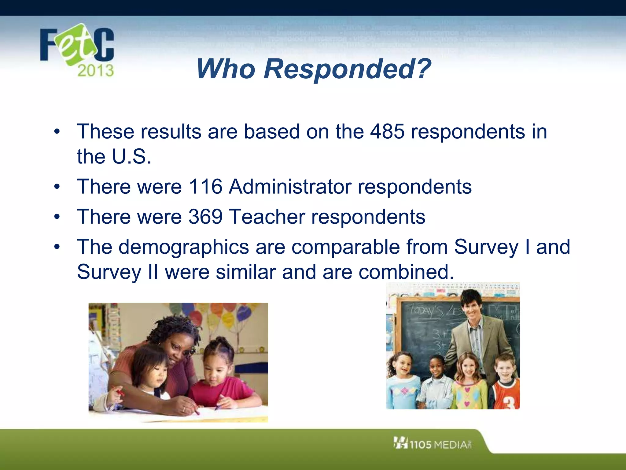 Who Responded?
• These results are based on the 485 respondents in
the U.S.
• There were 116 Administrator respondents
• There were 369 Teacher respondents
• The demographics are comparable from Survey I and
Survey II were similar and are combined.
 