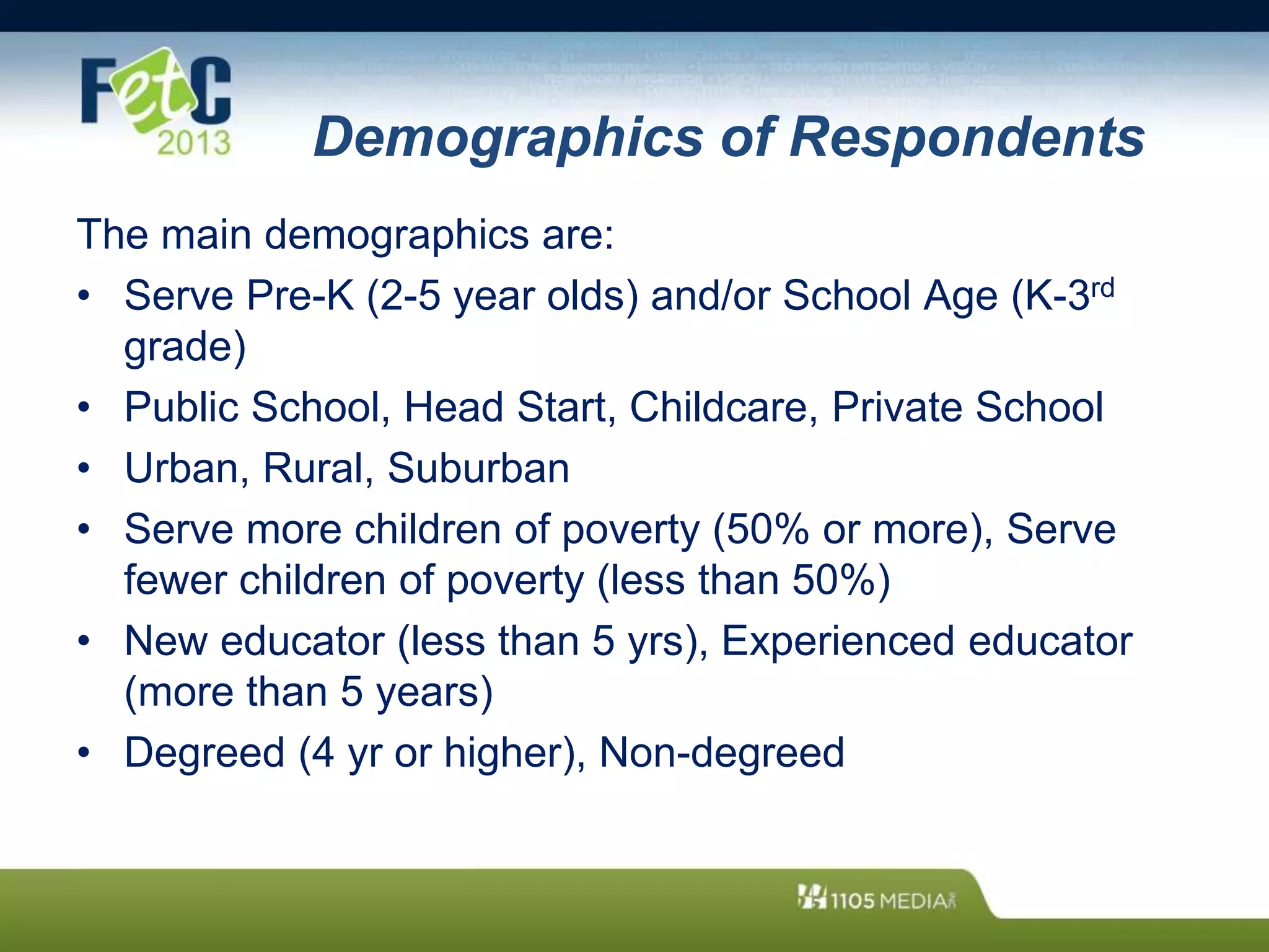 Demographics of Respondents
The main demographics are:
• Serve Pre-K (2-5 year olds) and/or School Age (K-3rd
grade)
• Public School, Head Start, Childcare, Private School
• Urban, Rural, Suburban
• Serve more children of poverty (50% or more), Serve
fewer children of poverty (less than 50%)
• New educator (less than 5 yrs), Experienced educator
(more than 5 years)
• Degreed (4 yr or higher), Non-degreed
 