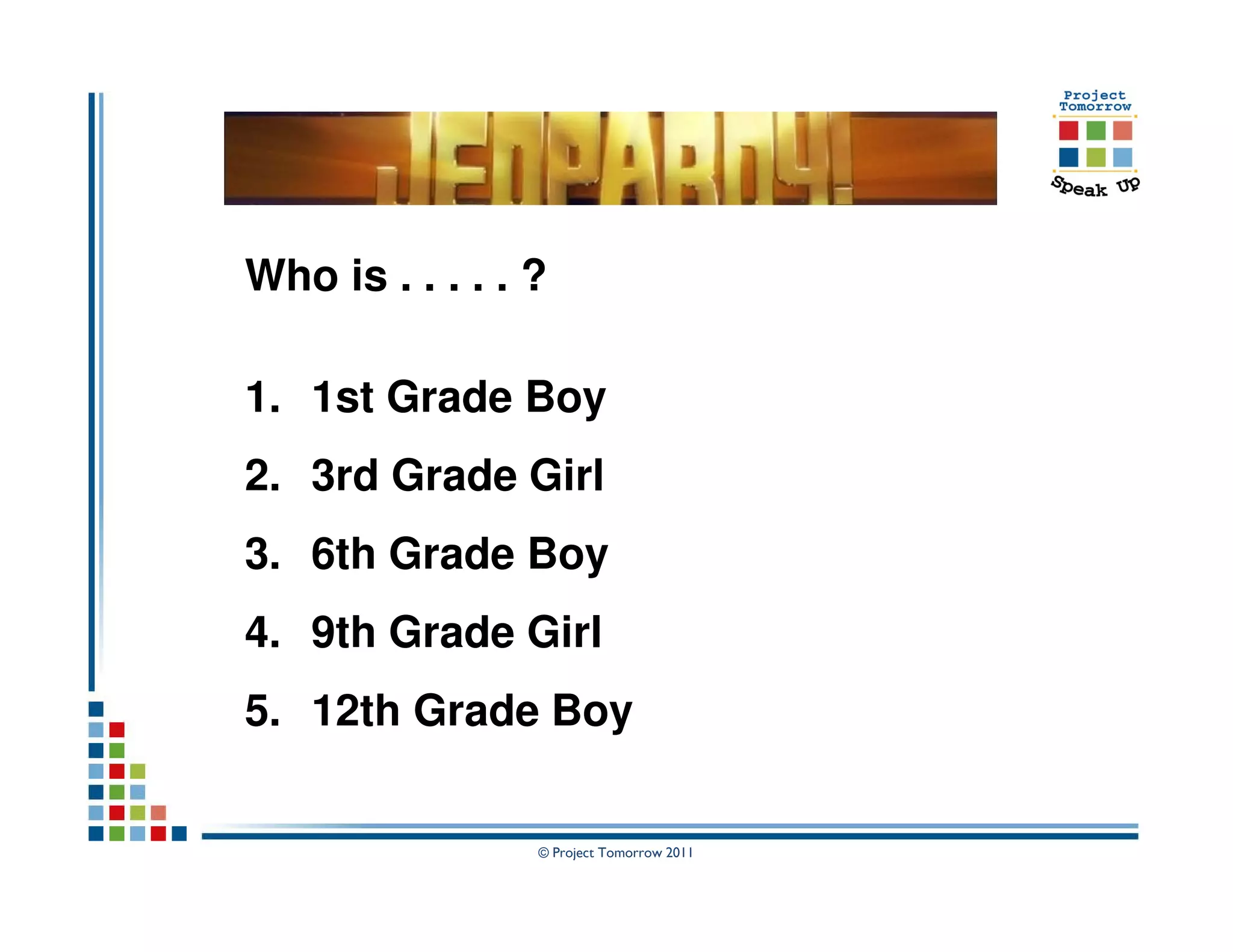 Who is . . . . . ?

1. 1st Grade Boy
2. 3rd Grade Girl
3. 6th Grade Boy
4. 9th Grade Girl
5. 12th Grade Boy


                 © Project Tomorrow 2011
 