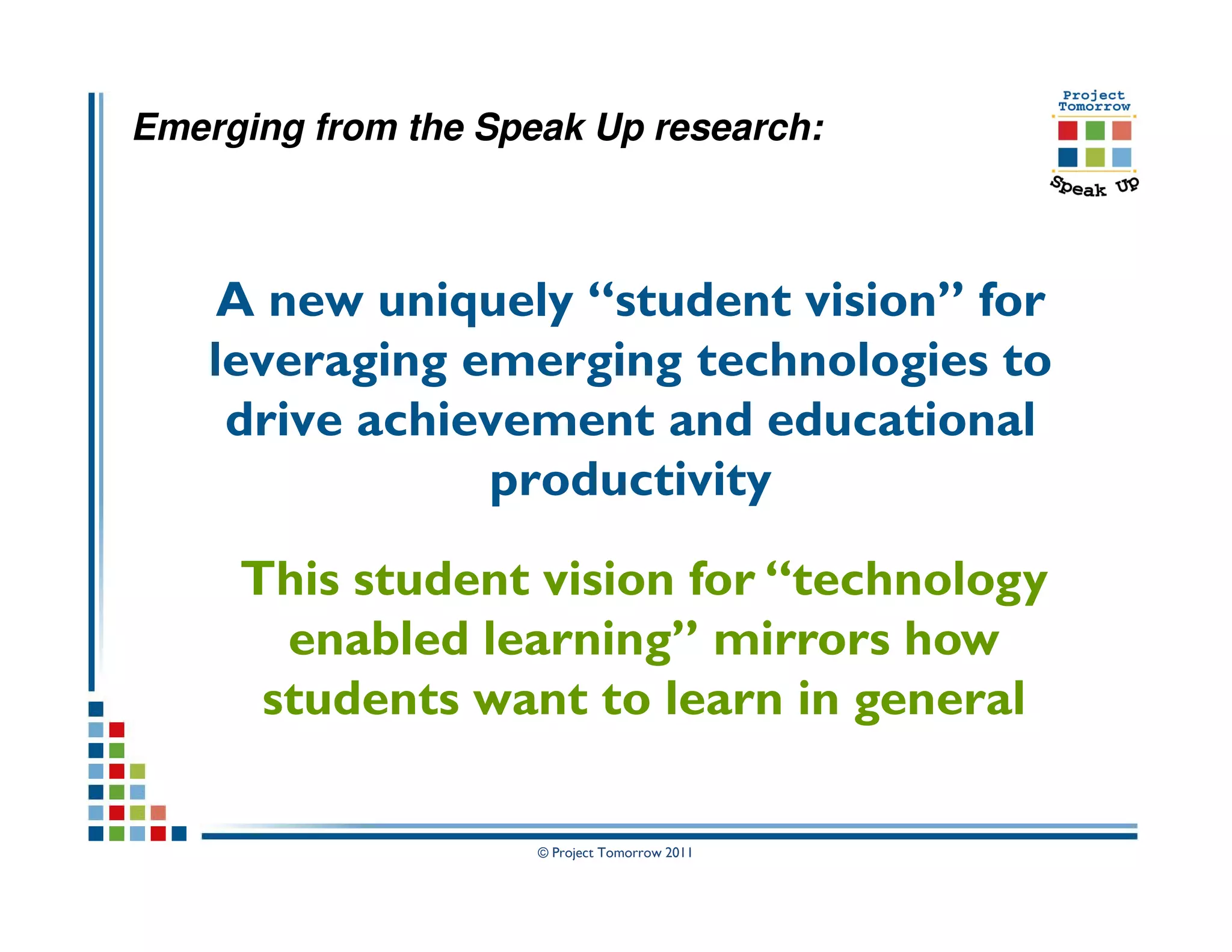 Emerging from the Speak Up research:



     A new uniquely “student vision” for
    leveraging emerging technologies to
     drive achievement and educational
                productivity

     This student vision for “technology
       enabled learning” mirrors how
      students want to learn in general

                     © Project Tomorrow 2011
 