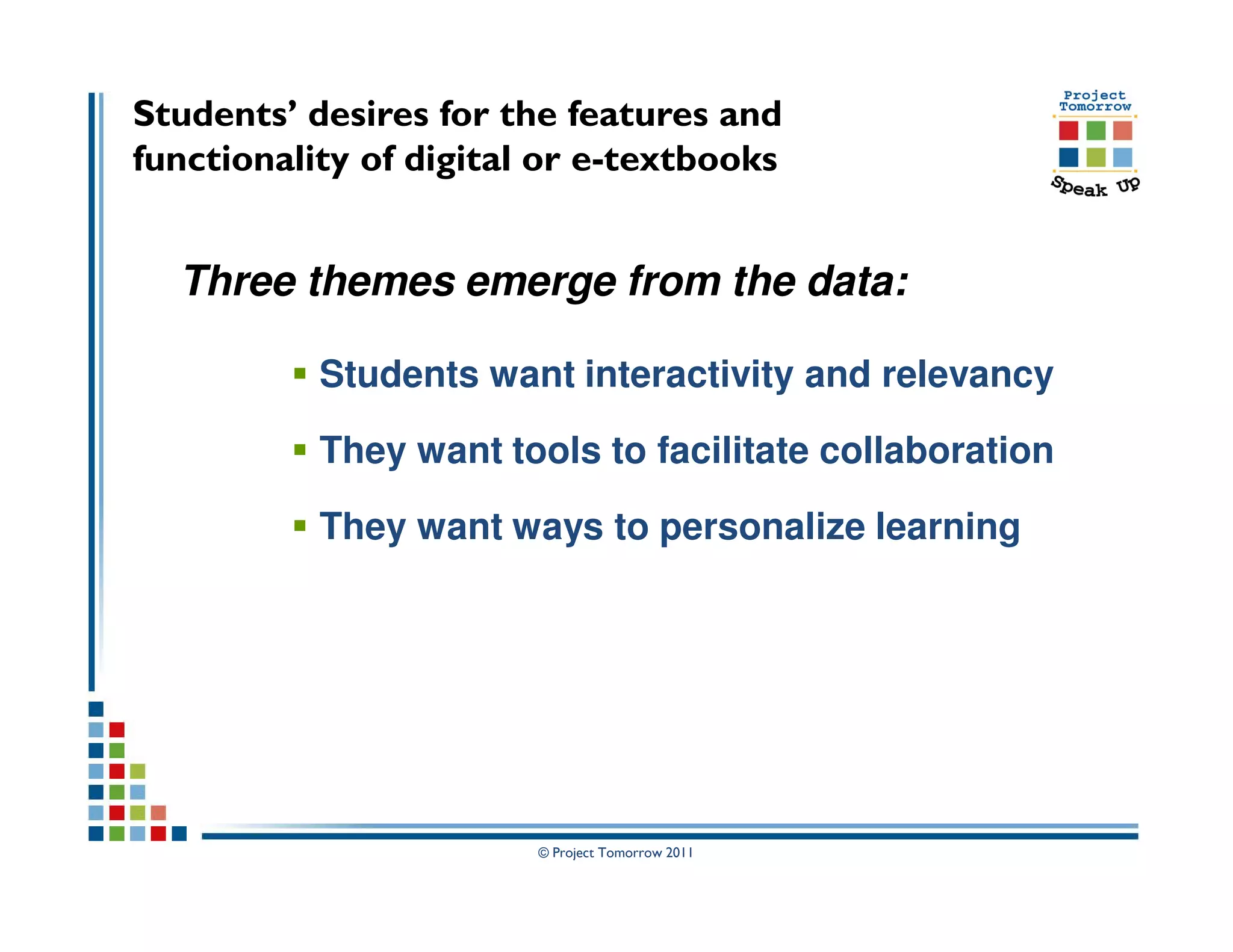 Students’ desires for the features and
functionality of digital or e-textbooks


  Three themes emerge from the data:

           Students want interactivity and relevancy

           They want tools to facilitate collaboration

           They want ways to personalize learning




                        © Project Tomorrow 2011
 