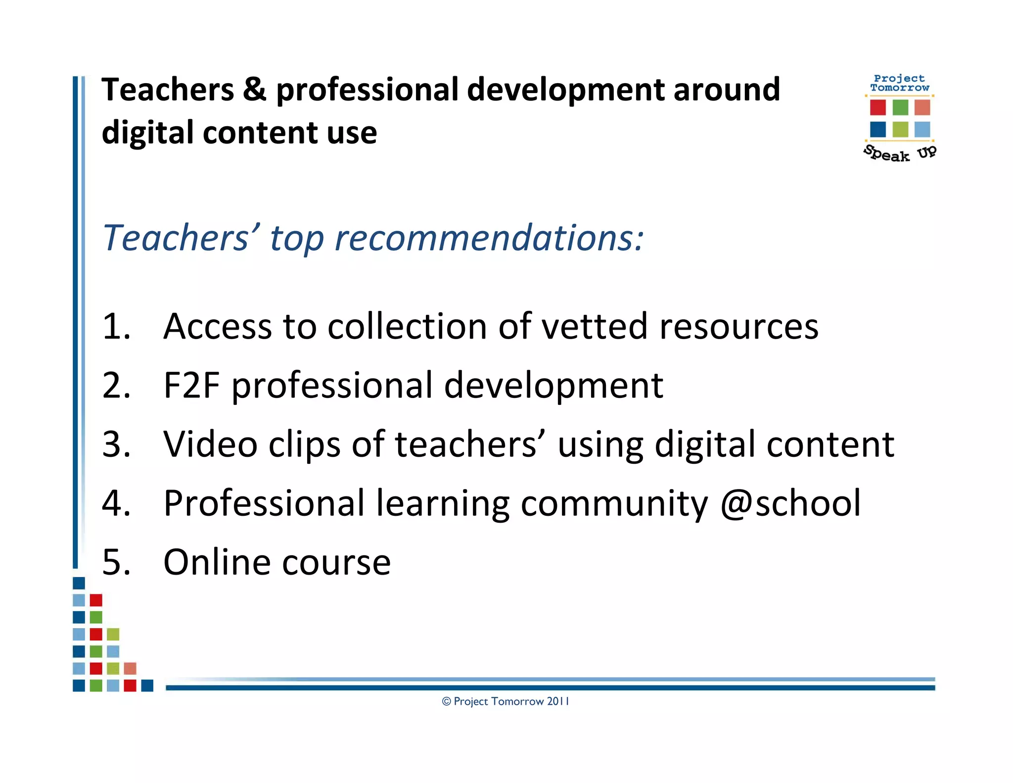 Teachers & professional development around
digital content use

Teachers’ top recommendations:

1.   Access to collection of vetted resources
2.   F2F professional development
3.   Video clips of teachers’ using digital content
4.   Professional learning community @school
5.   Online course


                      © Project Tomorrow 2011
 
