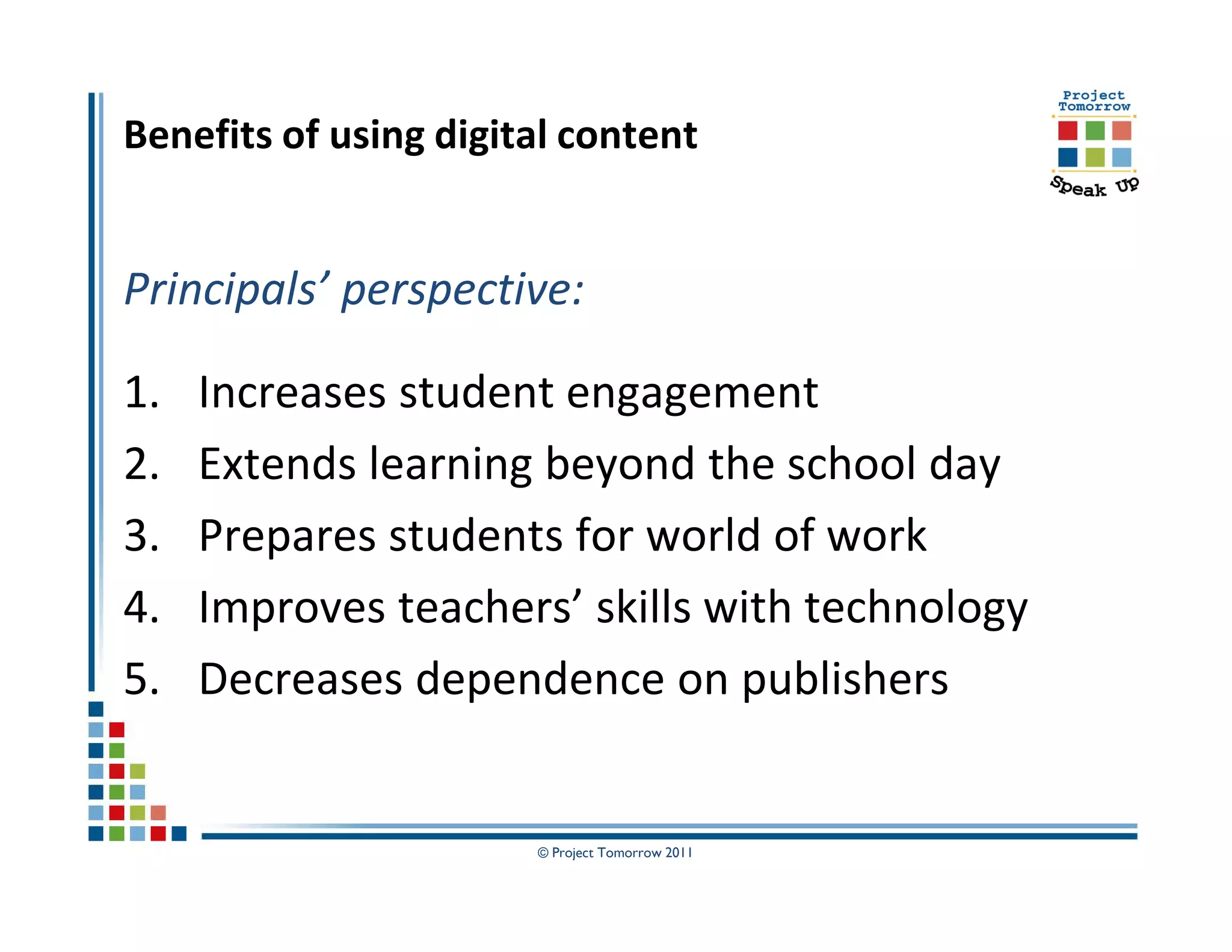 Benefits of using digital content


Principals’ perspective:

1.   Increases student engagement
2.   Extends learning beyond the school day
3.   Prepares students for world of work
4.   Improves teachers’ skills with technology
5.   Decreases dependence on publishers


                       © Project Tomorrow 2011
 