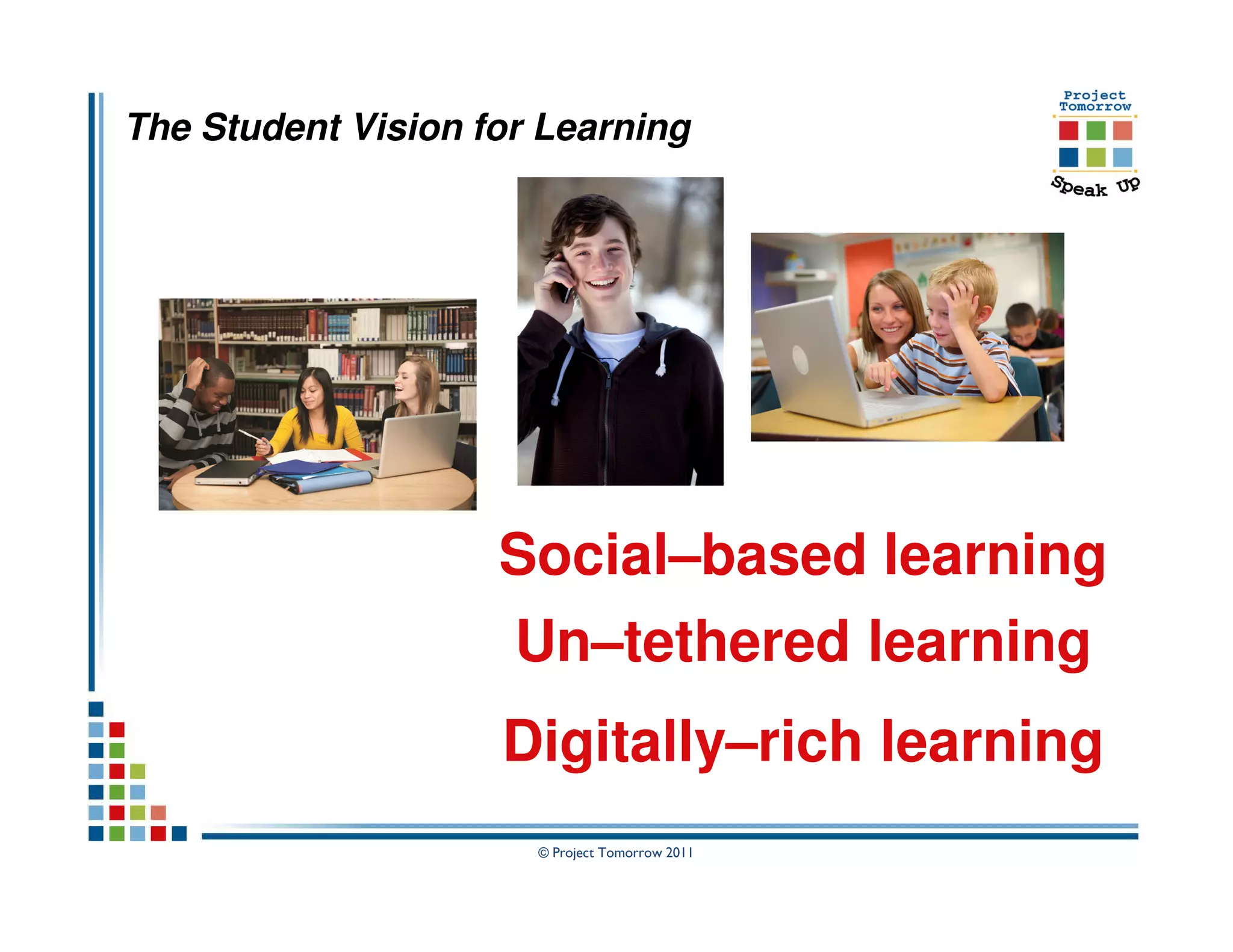 The Student Vision for Learning




                    Social–based learning
                     Un–tethered learning
                    Digitally–rich learning
                      © Project Tomorrow 2011
 