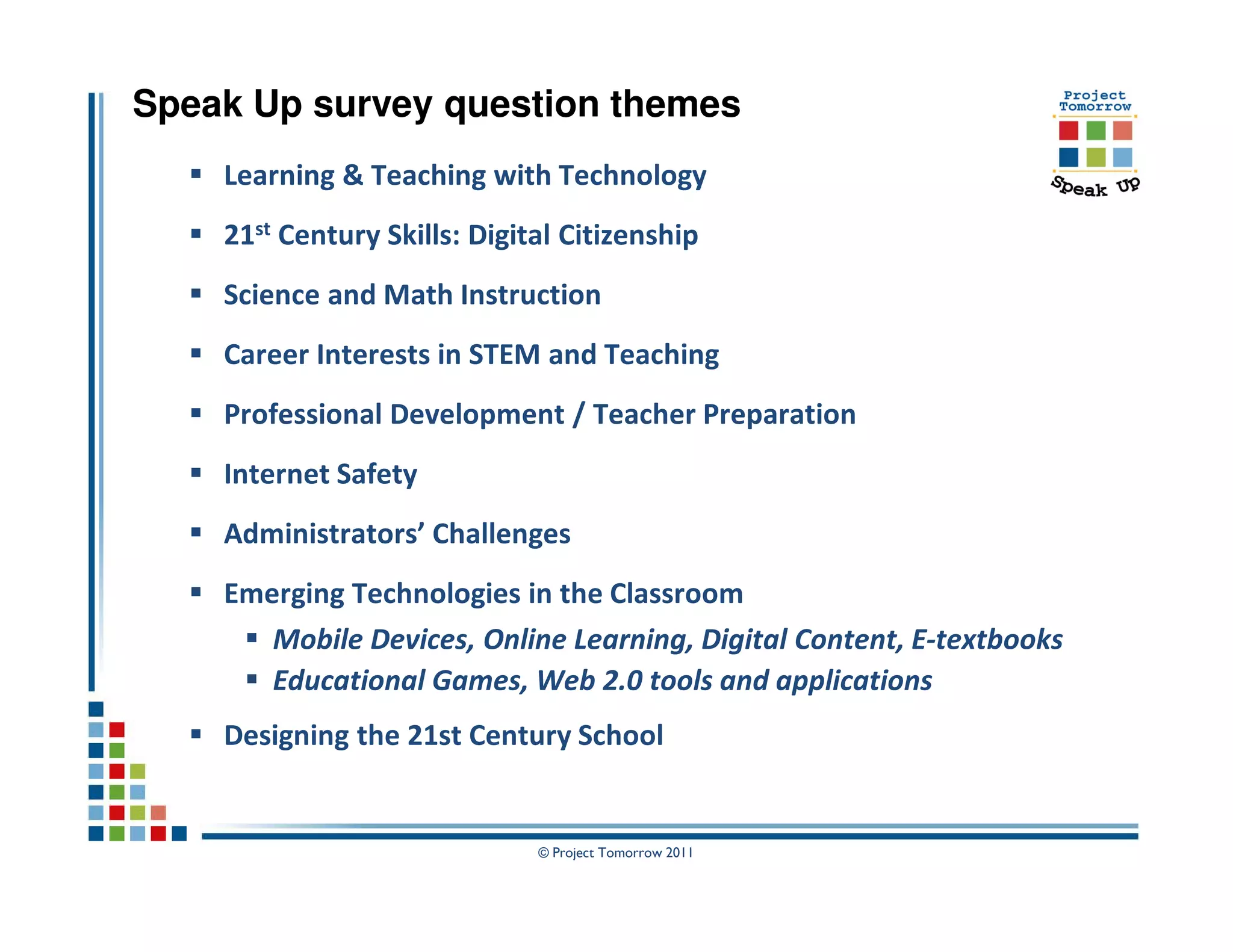 Speak Up survey question themes
    Learning & Teaching with Technology
    21st Century Skills: Digital Citizenship
    Science and Math Instruction
    Career Interests in STEM and Teaching
    Professional Development / Teacher Preparation
    Internet Safety
    Administrators’ Challenges
    Emerging Technologies in the Classroom
       Mobile Devices, Online Learning, Digital Content, E-textbooks
       Educational Games, Web 2.0 tools and applications
    Designing the 21st Century School


                              © Project Tomorrow 2011
 