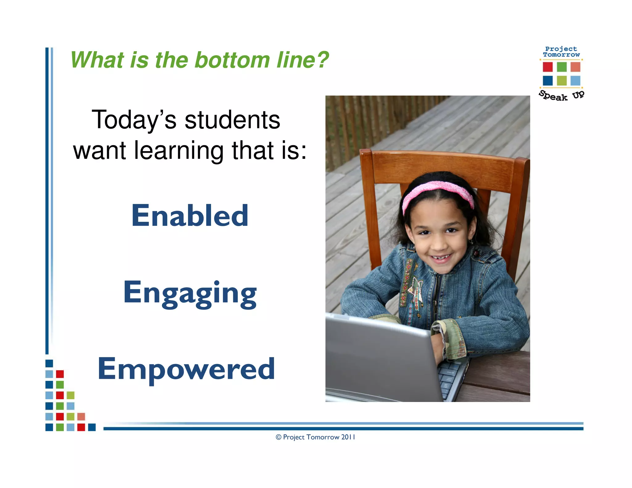 What is the bottom line?

 Today’s students
want learning that is:

     Enabled

     Engaging

  Empowered
                   © Project Tomorrow 2011
 