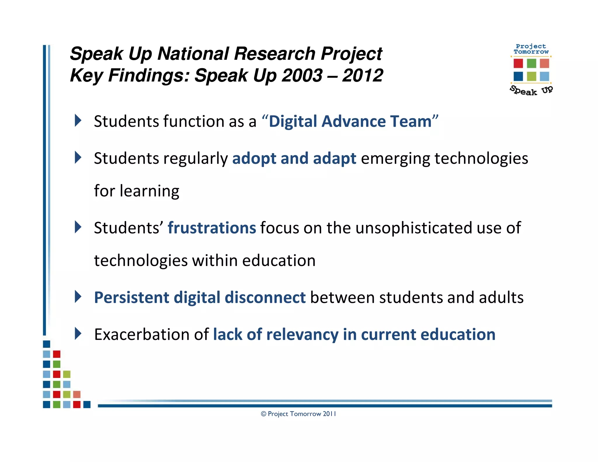 Speak Up National Research Project
Key Findings: Speak Up 2003 – 2012

  Students function as a “Digital Advance Team”

  Students regularly adopt and adapt emerging technologies
  for learning

  Students’ frustrations focus on the unsophisticated use of
  technologies within education

  Persistent digital disconnect between students and adults

  Exacerbation of lack of relevancy in current education



                        © Project Tomorrow 2011
 