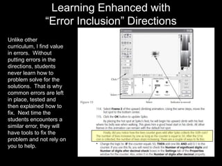 Learning Enhanced with
“Error Inclusion” Directions
Unlike other
curriculum, I find value
in errors. Without
putting errors in the
directions, students
never learn how to
problem solve for the
solutions. That is why
common errors are left
in place, tested and
then explained how to
fix. Next time the
students encounters a
similar error, they will
have tools to fix the
problem and not rely on
you to help.

 