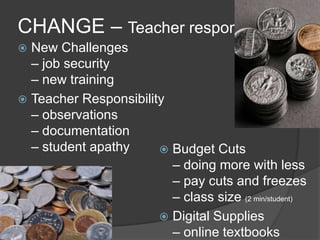 CHANGE – Teacher response
New Challenges
– job security
– new training
 Teacher Responsibility
– observations
– documentation
– student apathy
 Budget Cuts
– doing more with less
– pay cuts and freezes
– class size (2 min/student)
 Digital Supplies
– online textbooks


 