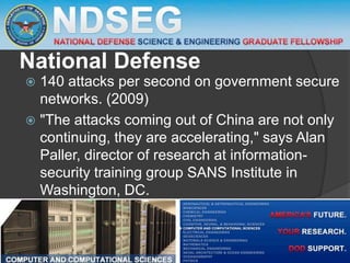 National Defense
140 attacks per second on government secure
networks. (2009)
 "The attacks coming out of China are not only
continuing, they are accelerating," says Alan
Paller, director of research at informationsecurity training group SANS Institute in
Washington, DC.


 