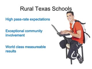 Rural Texas Schools
High pass-rate expectations
Exceptional community
involvement
World class measureable
results

 