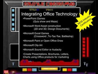 Integrating Office Technology
•PowerPoint Games
(Quiz show and Maze)

•Microsoft Word Asset construction
(2D and 3D; Design Documents)
•Microsoft Excel Games
(Crossword ,Tic-Tac-Toe, Battleship)
•Microsoft Paint or Open Office Draw
•Microsoft Clip Art
•Microsoft Sound Editor or Audacity
•Create Presentations, Brochures, Letters,
Charts using Office products for marketing

 