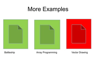 More Examples

Battleship

Array Programming

Vector Drawing

 