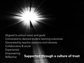 Aligned to school vision and goals
Connected to desired student learning outcomes
Generated by teacher passions and interests
Collaborative & social
Experiential
Empowering
Supported through a culture
Reflective

of trust

 