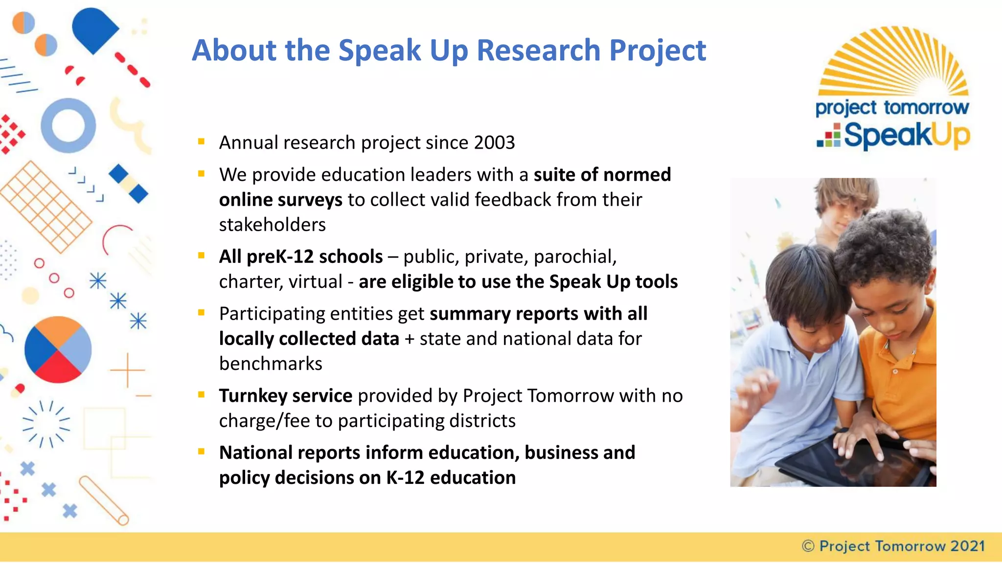About the Speak Up Research Project
▪ Annual research project since 2003
▪ We provide education leaders with a suite of normed
online surveys to collect valid feedback from their
stakeholders
▪ All preK-12 schools – public, private, parochial,
charter, virtual - are eligible to use the Speak Up tools
▪ Participating entities get summary reports with all
locally collected data + state and national data for
benchmarks
▪ Turnkey service provided by Project Tomorrow with no
charge/fee to participating districts
▪ National reports inform education, business and
policy decisions on K-12 education
 