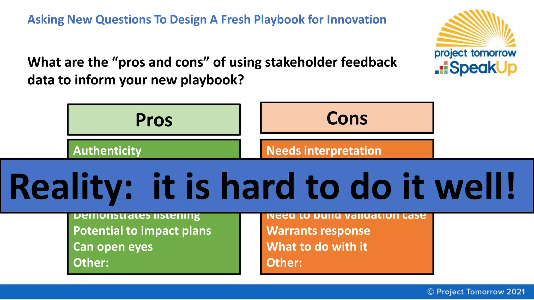 Asking New Questions To Design A Fresh Playbook for Innovation
What are the “pros and cons” of using stakeholder feedback
data to inform your new playbook?
Pros
Authenticity
Different perspectives
Engagement tool
Meaningful validation
Demonstrates listening
Potential to impact plans
Can open eyes
Other:
Cons
Needs interpretation
Hard to interpret
Too many perspectives
Feels flat
Need to build validation case
Warrants response
What to do with it
Other:
Reality: it is hard to do it well!
 