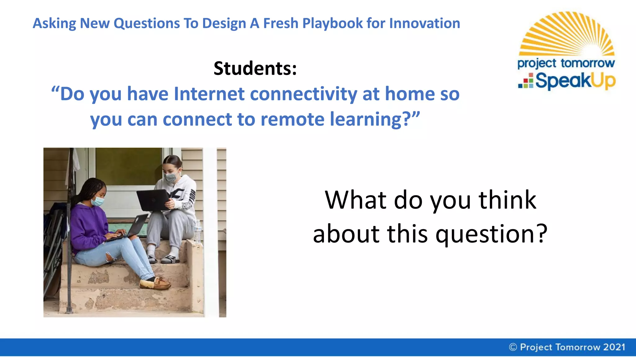 Asking New Questions To Design A Fresh Playbook for Innovation
Students:
“Do you have Internet connectivity at home so
you can connect to remote learning?”
What do you think
about this question?
 